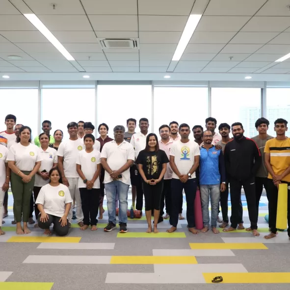 Participants pose after the yoga session